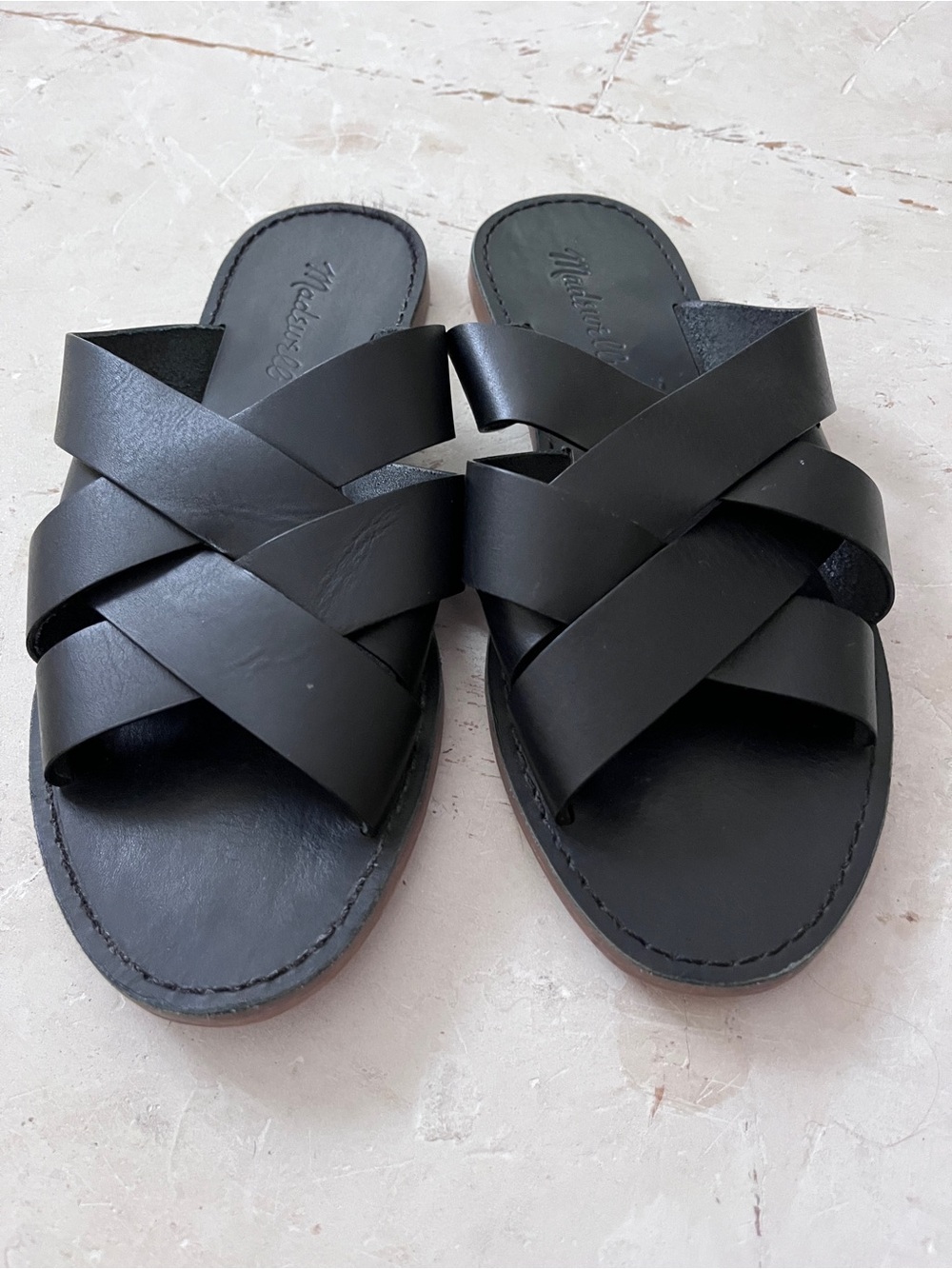 Madewell Black Leather Crisscross Strap Slides